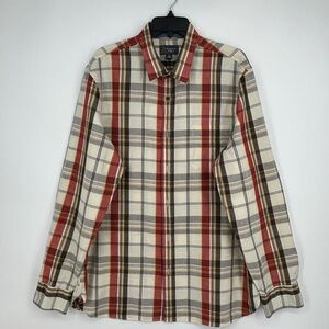 Wallin & Bros Mens Size XL Button Front Shirt Brick Red Yellow Ivory Plaid Linen